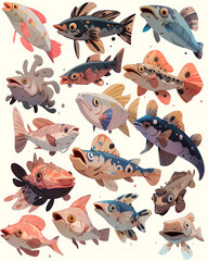 Sticker set of stylized variation of fish, on a light background. 