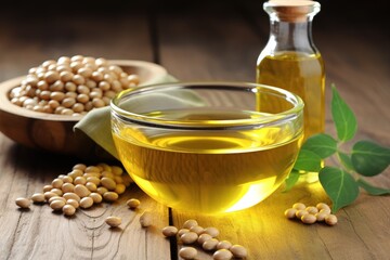 Soybean oil in glass bowl on wooden table - obrazy, fototapety, plakaty
