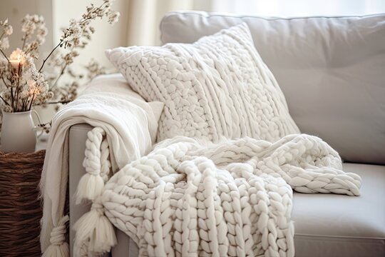Scandinavian cozy home with white macrame pillows and knit blanket on the sofa displaying detailed interior