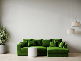 Livingroom or buisness hall room. Lounge room - gray white and green. Empty microcement wall blank - light texture background and bright emerald sofa. Luxury modern home design interior. 3d render 