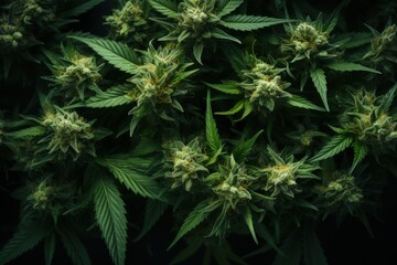 Top view of close up cannabis flower buds with a background of marijuana