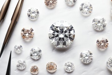 Fototapeta premium Top view of round cut diamond placed on tweezers with other varied cut diamonds on light background with space for text