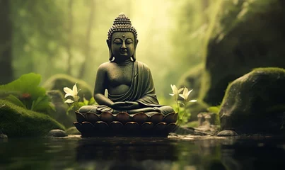 Fotobehang buddha statue in green zen environment, Generative AI © Junior Picture Arts