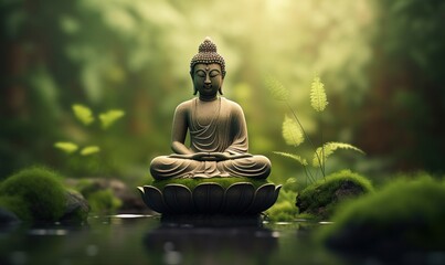 buddha statue in green zen environment, Generative AI - Powered by Adobe