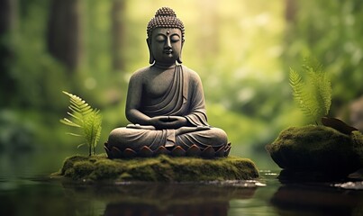 buddha statue in green zen environment, Generative AI - obrazy, fototapety, plakaty