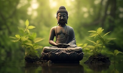 buddha statue in green zen environment, Generative AI - obrazy, fototapety, plakaty