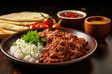 Traditional Turkish and Arabic Ramadan dish with doner kebab tomato sauce rice on white plate wood...