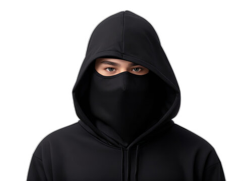 Hacker in black hoodie and mask that hides his face from Generative AI