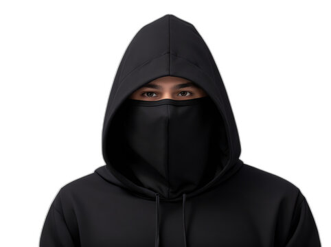 Hacker in black hoodie and mask that hides his face from Generative AI