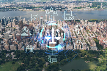 Aerial panoramic helicopter city view of Upper West Side Manhattan neighborhoods and Central Park, New York, USA. Hologram legal icons. The concept of law, order, regulations and digital justice - obrazy, fototapety, plakaty
