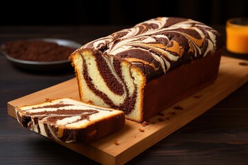 Classic marble cake on a cutting board. Moist and fluffy, with a delicious chocolate swirl. - obrazy, fototapety, plakaty