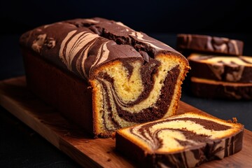 Classic marble cake on a cutting board. Moist and fluffy, with a delicious chocolate swirl.