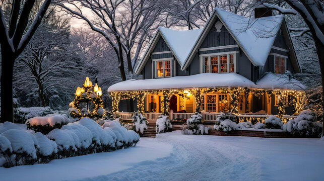 New England House With Christmas Decoration During Winter - Generative Ai