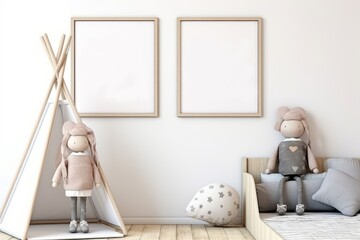 kids room with a white wall and a frame, nursery interior mockup, Generative AI