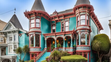 A colorful Victorian house in San Francisco with intricate detailing, a turret, and a cozy front...