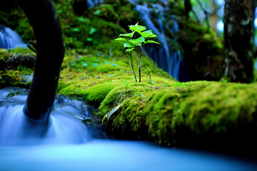 森の水辺の若木