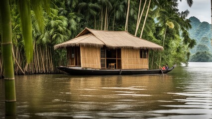 Fototapeta na wymiar A floating house on the Mekong River in Vietnam, constructed with bamboo and surrounded by lush tropical vegetation.