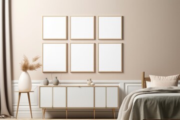 Gallery wall mockup, Frame mockup in modern bedroom interior, 3d render, Generative AI