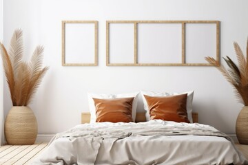 gallery frame mockup in boho bedroom interior with bed and pampas grass, 3d render, Generative AI