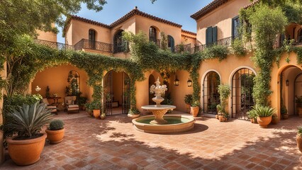 Naklejka premium A Mediterranean villa with terracotta tiles, wrought iron details, and a courtyard filled with citrus trees and fragrant flowers.