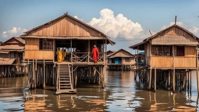 A floating village in Cambodia with houses on stilts, connected by a network of wooden walkways.