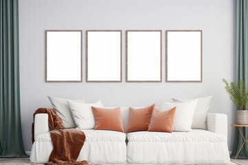 frame mockup, three square frames in modern living room interior, 3d render, Generative AI