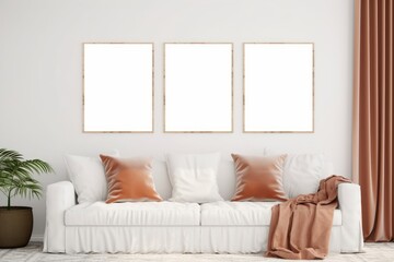 frame mockup, three square frames in modern living room interior, 3d render, Generative AI