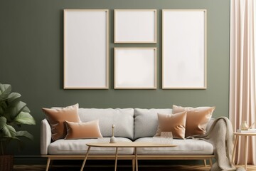 Gallery wall mockup in cozy living room interior, frame mockup, 3d render, Generative AI