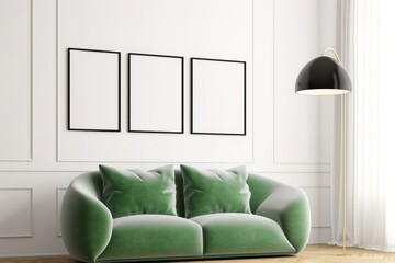 Two frames mockup with green sofa in a modern interior room, 3d render, Generative AI