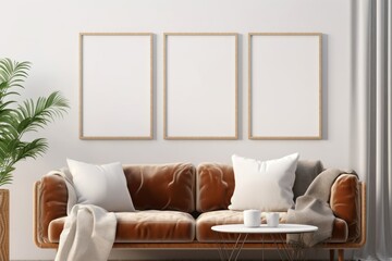 Frame mockup in cozy living room interior, 3d render, Generative AI