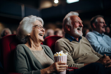 Ederly gray-haired man and woman, with popcorn in their hands, laugh at a movie in the cinema