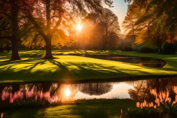 Imagine a vibrant park scene captured during golden hour, with the warm sunlight casting long shadows on the lush green grass. The sky is painted in soft hues of pink and orange as the sun sets, creat