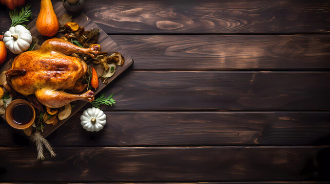 Top view of traditional Thankgiving turkey dinner on a dark wood banner background with copy space.