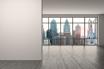 Downtown Philadelphia City Skyline Buildings from High Rise Window. Beautiful Expensive Real Estate overlooking. Empty room Interior. Mockup wall. Skyscrapers Cityscape. Sunset. Penn. 3d rendering.