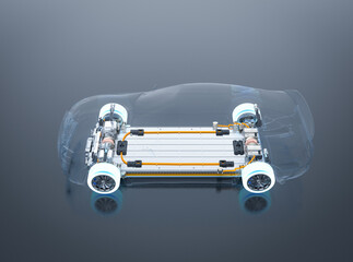 Electric car battery with pack of battery cells module on platform