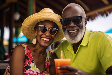 Senior couple having a fun in tropical island drinking cocktail