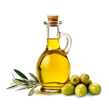 Olive oil in a bottles, olives, oil in a bowl, isolated on transparent, png