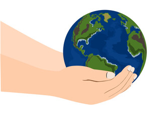 globe in hand on white background.