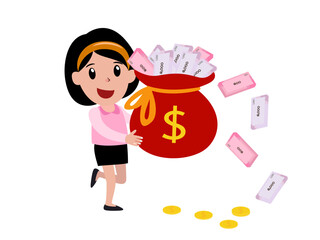 cartoon girl holding a bag of money.