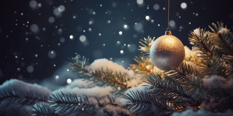 Fototapeta na wymiar Christmas Tree branch and Gold Christmas Ball. Beautiful Background for Christmas and New Year Greeting card, postcard, invitation or banner design, copy space