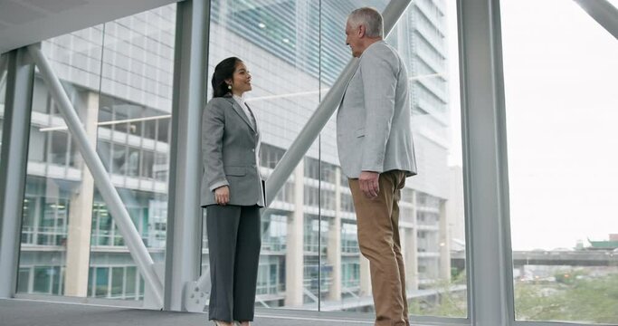 Business people, handshake and travel meeting, HR introduction or welcome to corporate partnership or b2b opportunity. Man and woman clients shaking hands for agreement, collaboration and recruitment