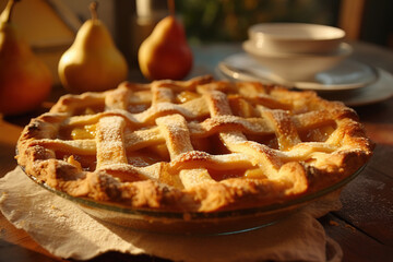 Homemade freshly baked apple pie on autumn wooden background