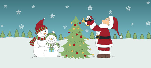 Ilustración de navidad, Santa Claus, muñecos de nieve y árboles de navidad, ilustración full color