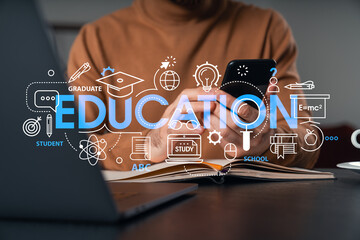 Man holding using smartphone typing at office workplace with notebook. Concept of distant work, business education. Educational hologram. Shot of hands