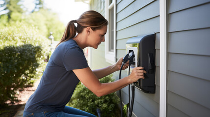 A person setting up a home charging station with a professional installer