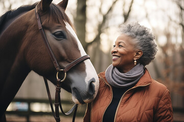 A senior woman standing close to a horse outdoors in nature, holding it - obrazy, fototapety, plakaty