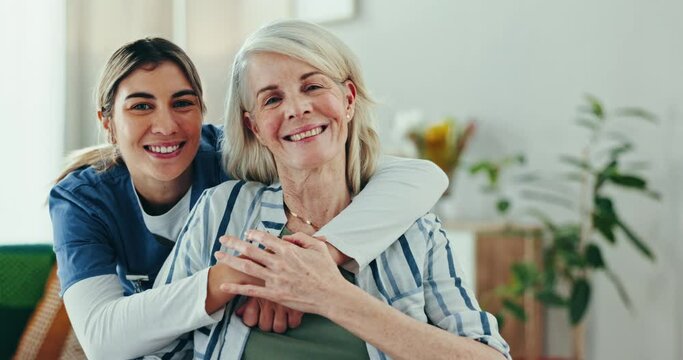 Senior care, old woman in wheelchair and nurse hug, support and smile with healthcare advice in home. Homecare, elderly patient and happy caregiver in living room for consultation, help and kindness.