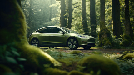 An electric car parked in a beautiful forest clearing,  blending with nature - obrazy, fototapety, plakaty