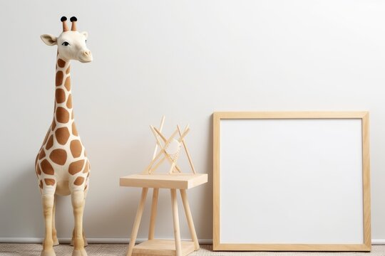 Poster Frame Mockup In Boho Modern Kids Room Interior With A Giraffe, Jungle Style, 3d Render, Generative AI