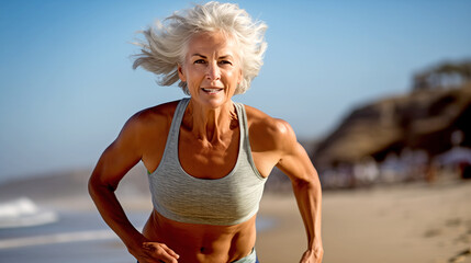 MATURE WOMAN DOING FITNESS, RUNNING ON THE BEACH. legal AI	